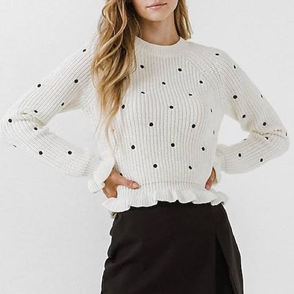English Factory Sweaters - XS // English Factory Cream and Black Polka Dot Embroidery Ruffle Hem Sweater